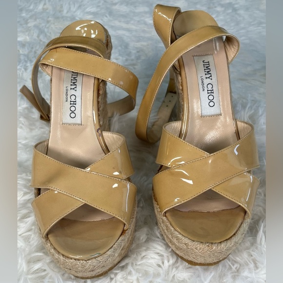 Jimmy Choo | Beige Patent Leather Phönix Espadrille Wedge Sandals - Picture 7 of 13